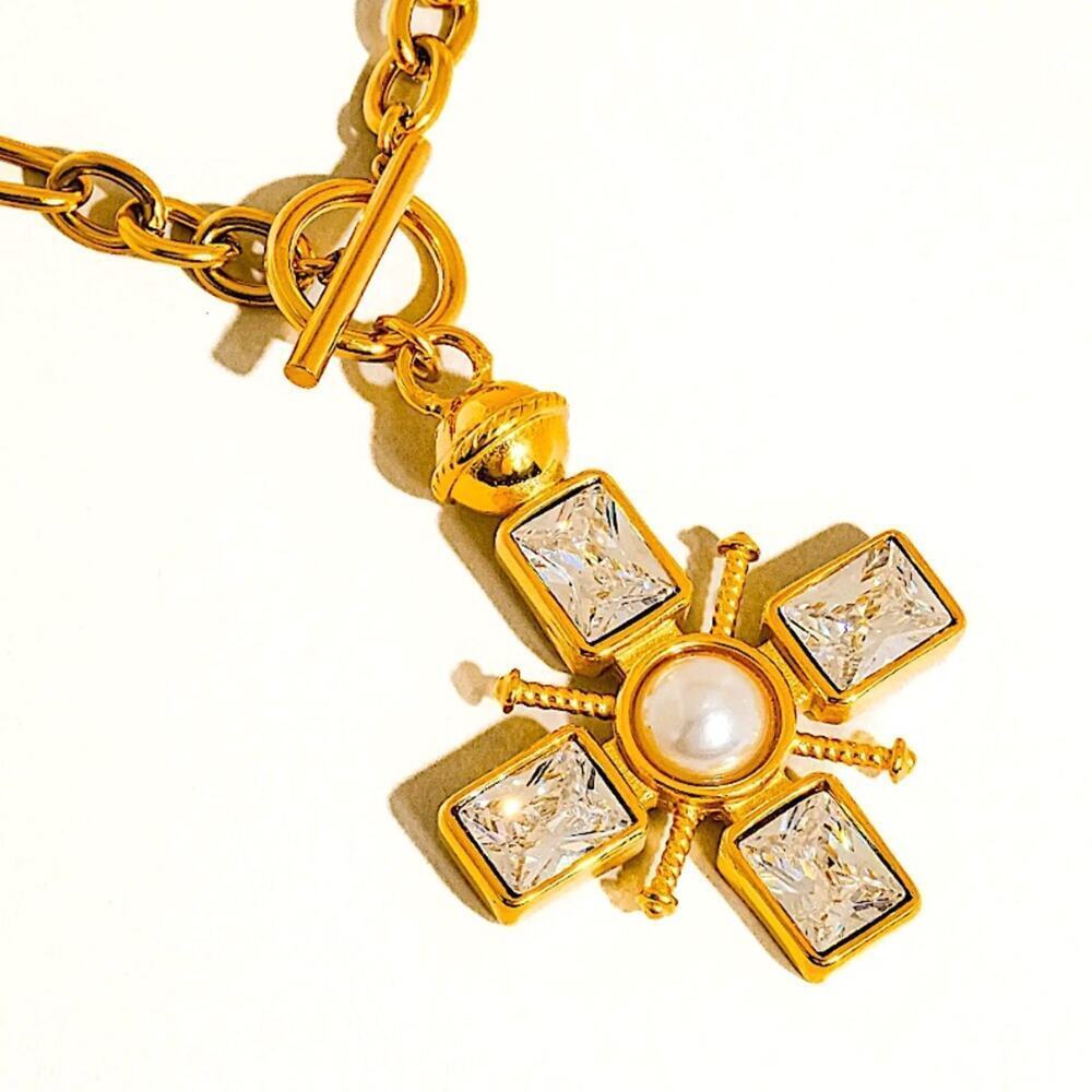 Crystal Pearl Cross Pendant Necklace Stainless Steel Gold Plated